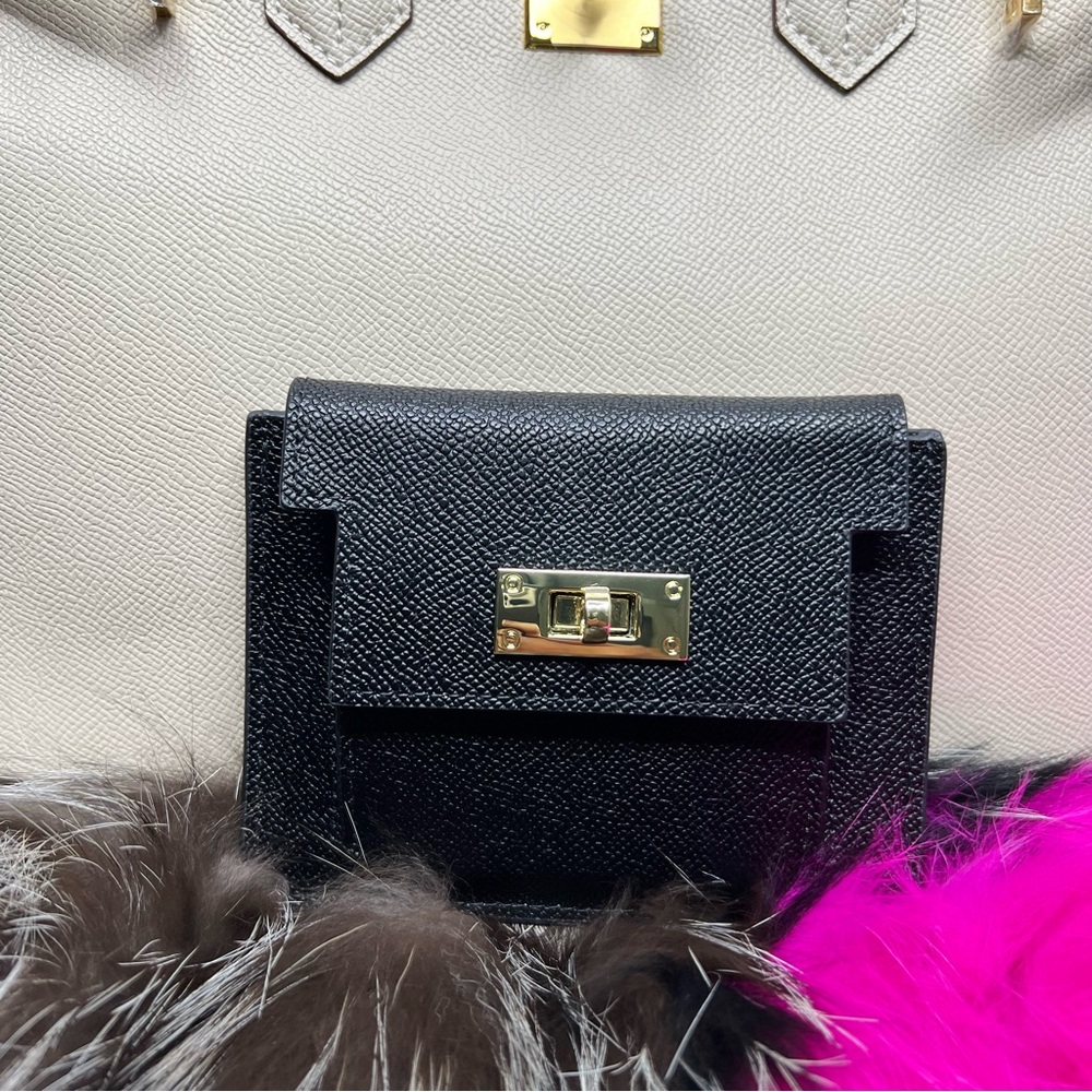 Black Genuine Epsom Leather Coin Purse Compact Card Holder with Gold Hardware.